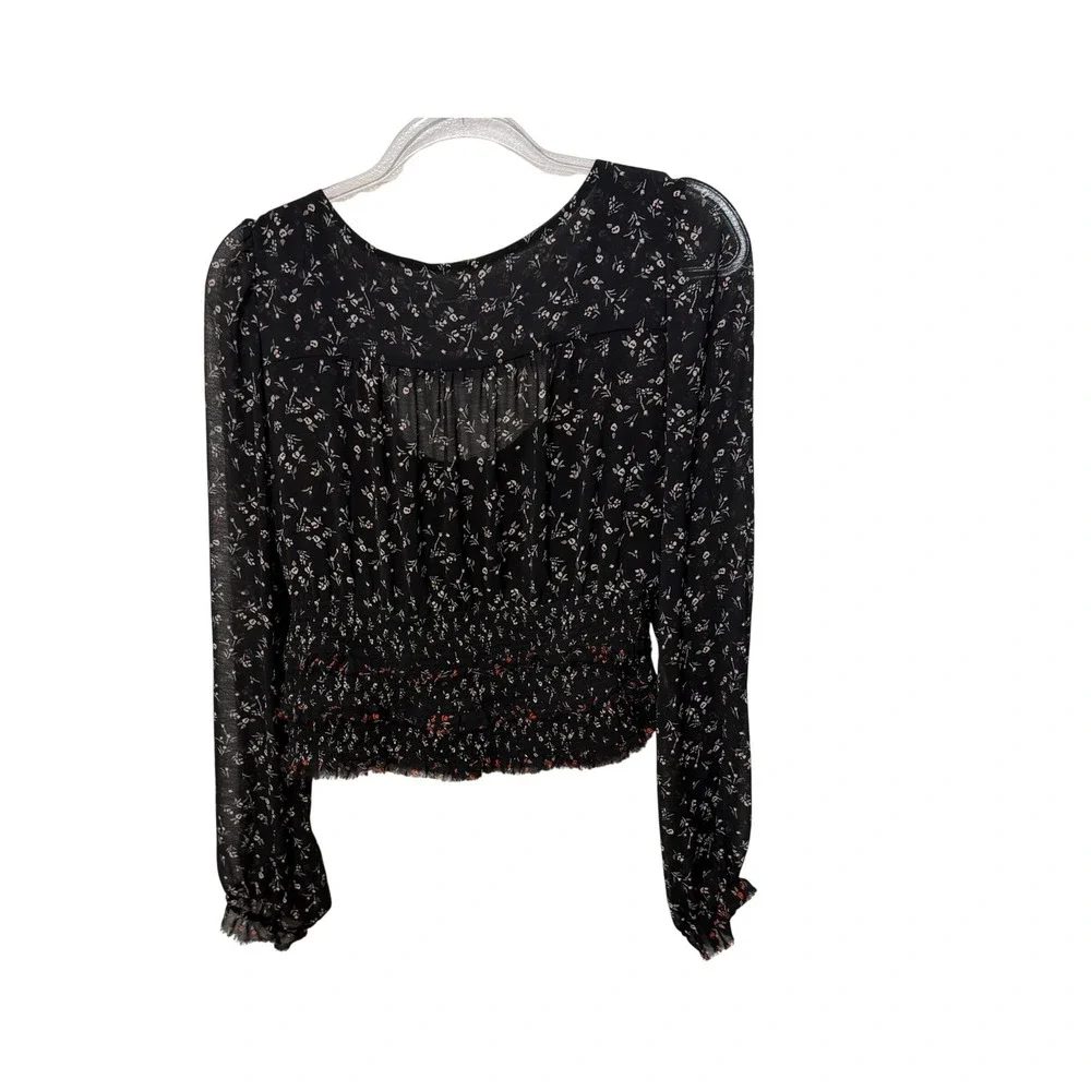 Free People Floral Smocked Crop Top Womens L Black Long Sleeve Chiffon Blouse